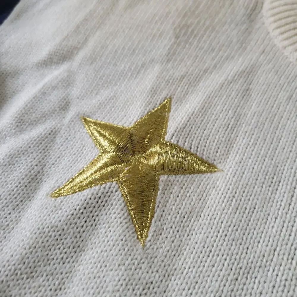 Vtg 80s Womens S Crewneck Sweater Navy White Gold Stars Stripes American Wool
